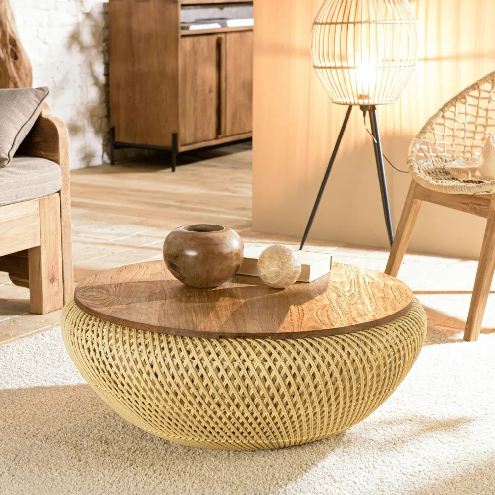 Tables Basses Rondes|Swing Table basse coffre ronde rotin beige et teck recyclé 66 cm