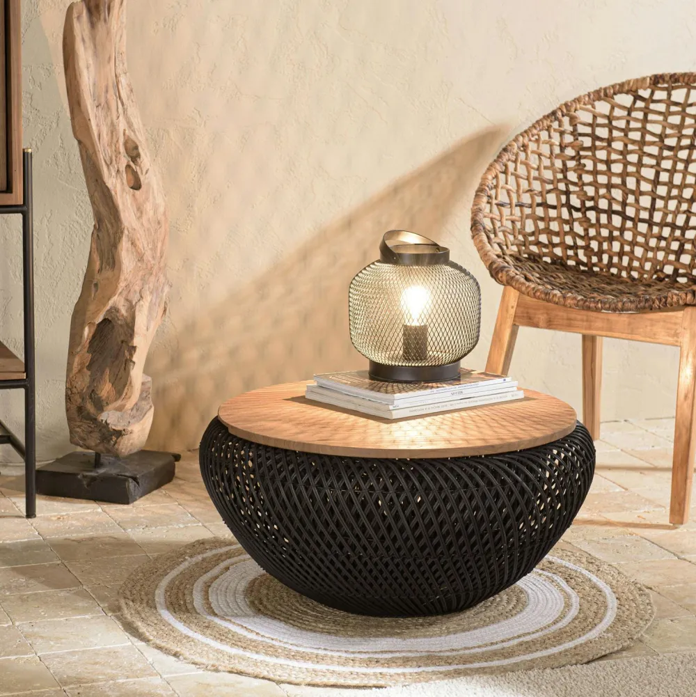 Tables Basses Rondes|Swing Table basse coffre ronde rotin beige et teck recyclé 66 cm