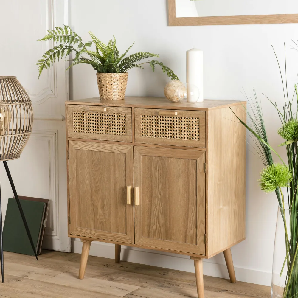 Tables Basses Rondes|Swing Table basse coffre ronde rotin beige et teck recyclé 66 cm