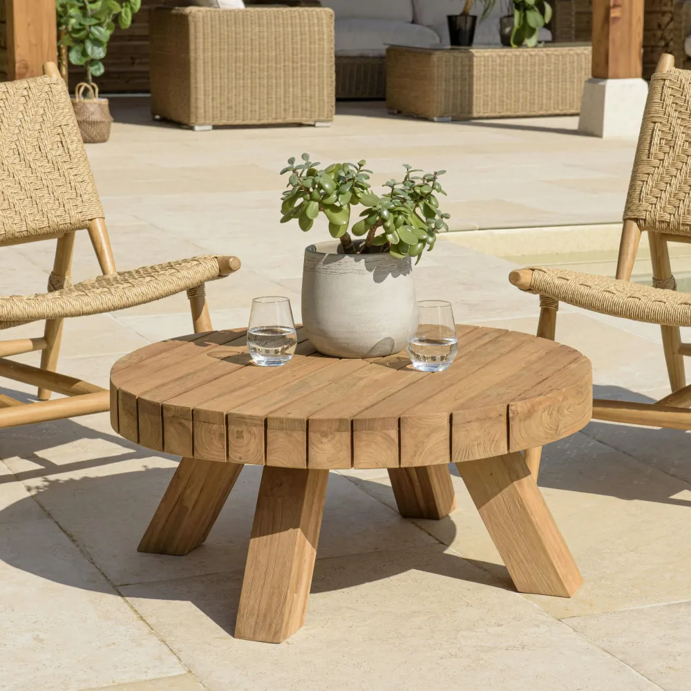 Tables Basses De Jardin|MANY Table basse de jardin ronde teck recyclé naturel