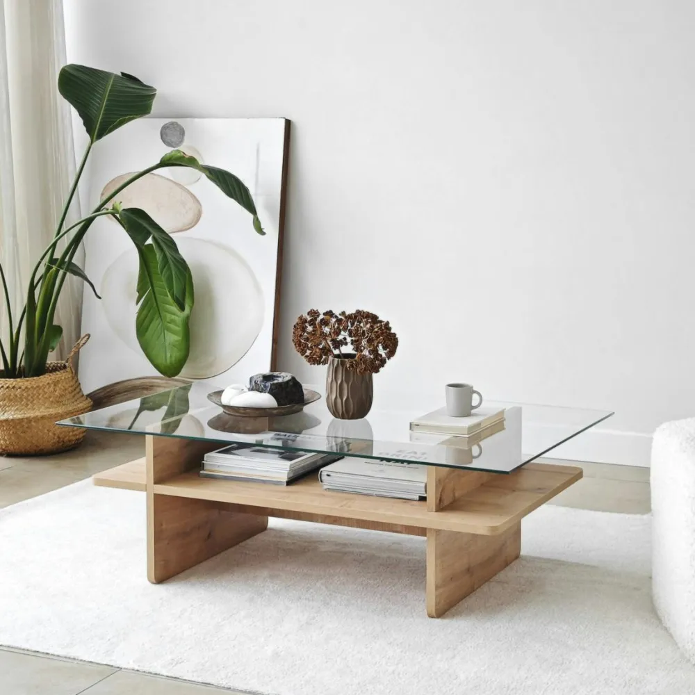 Tables Basses En Verre|SALTA Table basse design 2 plateaux, verre et effet bois