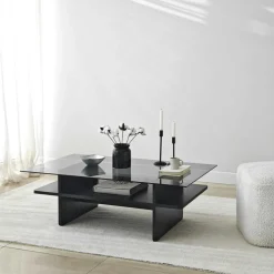 Tables Basses En Verre|SALTA Table basse design 2 plateaux, verre et effet bois