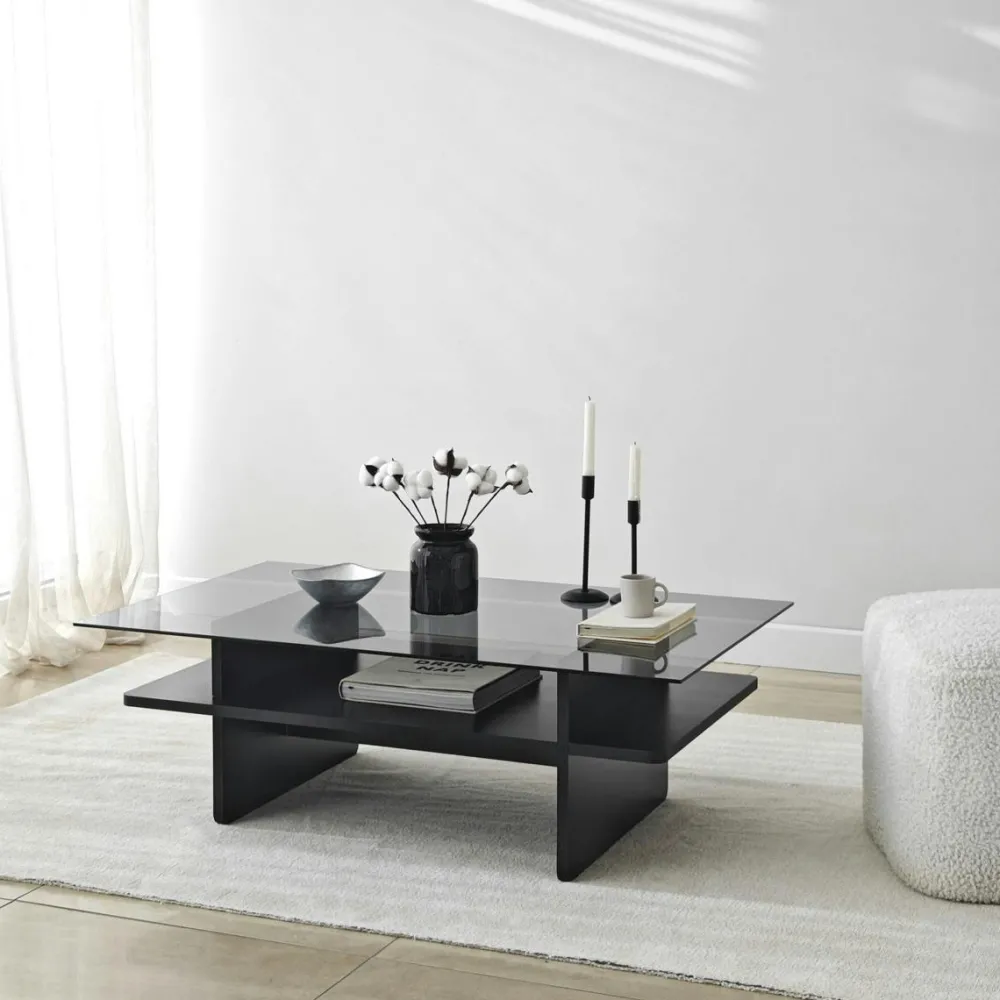 Tables Basses En Verre|SALTA Table basse design 2 plateaux, verre et effet bois