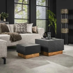 Sellettes En Métal|Tables Basses Carrées|NOVA Table basse design en ardoise et bois d'acacia (2 pièces)