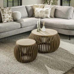 Tables Basses Gigognes|ASCOLI Table basse en bois de manguier et céramique, forme lune (lot de 2)