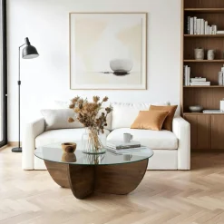 Tables Basses En Verre|Tables Basses Rondes|ANZIO Table basse en verre – pied croix bois brun, 90 cm