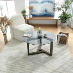 Tables Basses En Verre|Tables Basses Rondes|ANZIO Table basse en verre - pied 3 branches, bois brun