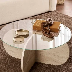 Tables Basses En Verre|Tables Basses Rondes|SALTA Table basse en verre - pied en croix effet travertin
