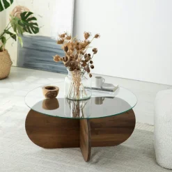Tables Basses En Verre|Tables Basses Rondes|ANZIO Table basse en verre – pied en croix bois brun