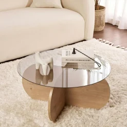 Tables Basses En Verre|Tables Basses Rondes|SALTA Table basse en verre - pied en croix effet chêne clair