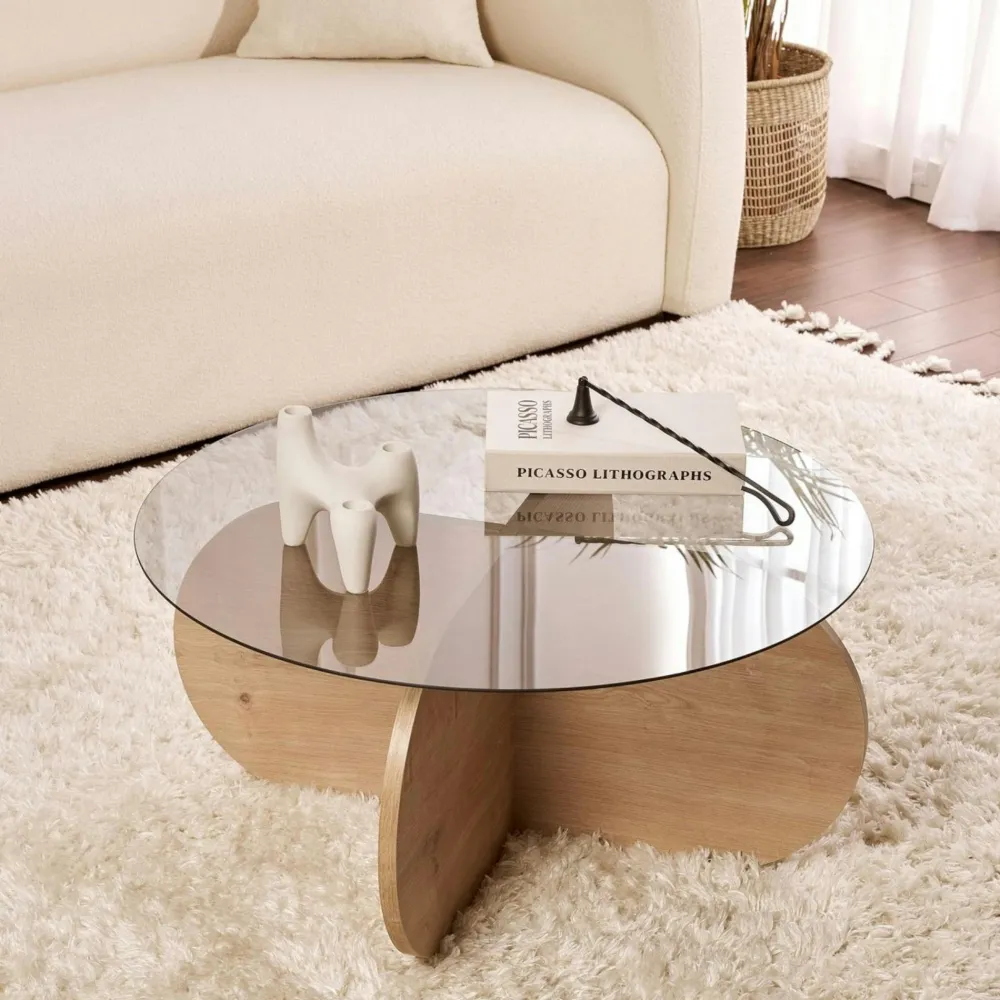 Tables Basses En Verre|Tables Basses Rondes|SALTA Table basse en verre - pied en croix effet chêne clair