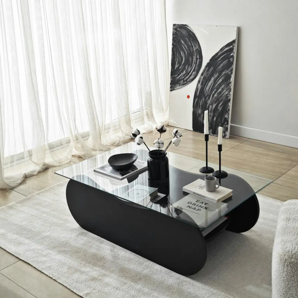 Tables Basses En Verre|SALTA Table basse en verre, base luge noire avec rangement