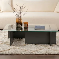 Tables Basses En Verre|SALTA Table basse en verre déstructurée – base effet bois