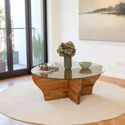 Tables Basses En Verre|Tables Basses Rondes|ANZIO Table basse en verre et bois marron - pied en X,