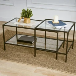 Tables Basses En Verre|Tables Basses Gigognes|TULUM Table basse gigogne en verre à cadre noir (lot de 2)