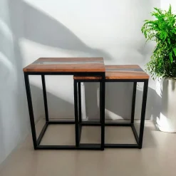 Sellettes En Métal|Tables Basses Gigognes|BORA Table basse gigogne epoxy noir et bois d'acacia (lot de 2)