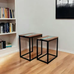 Sellettes En Métal|Tables Basses Gigognes|BORA Table basse gigogne epoxy noir et bois d'acacia (lot de 2)