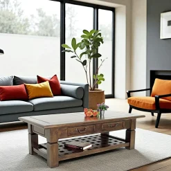 Tables Basses À Tiroirs|Maori Table basse Hévéa 2 tiroirs, double plateaux dont plateau bas quadrillé 125x65x40cm