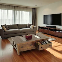 Tables Basses À Tiroirs|Tradition Table basse Hévéa 4 tiroirs, plateau bois avec 2 parties en verre 120x64x40cm