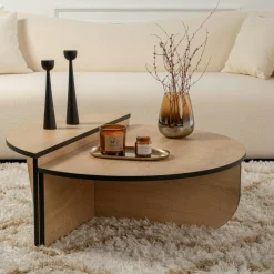 Tables Basses Rondes|Tables Basses Gigognes|MARFA Table basse moderne effet bois ruban noir - 2 hauteurs