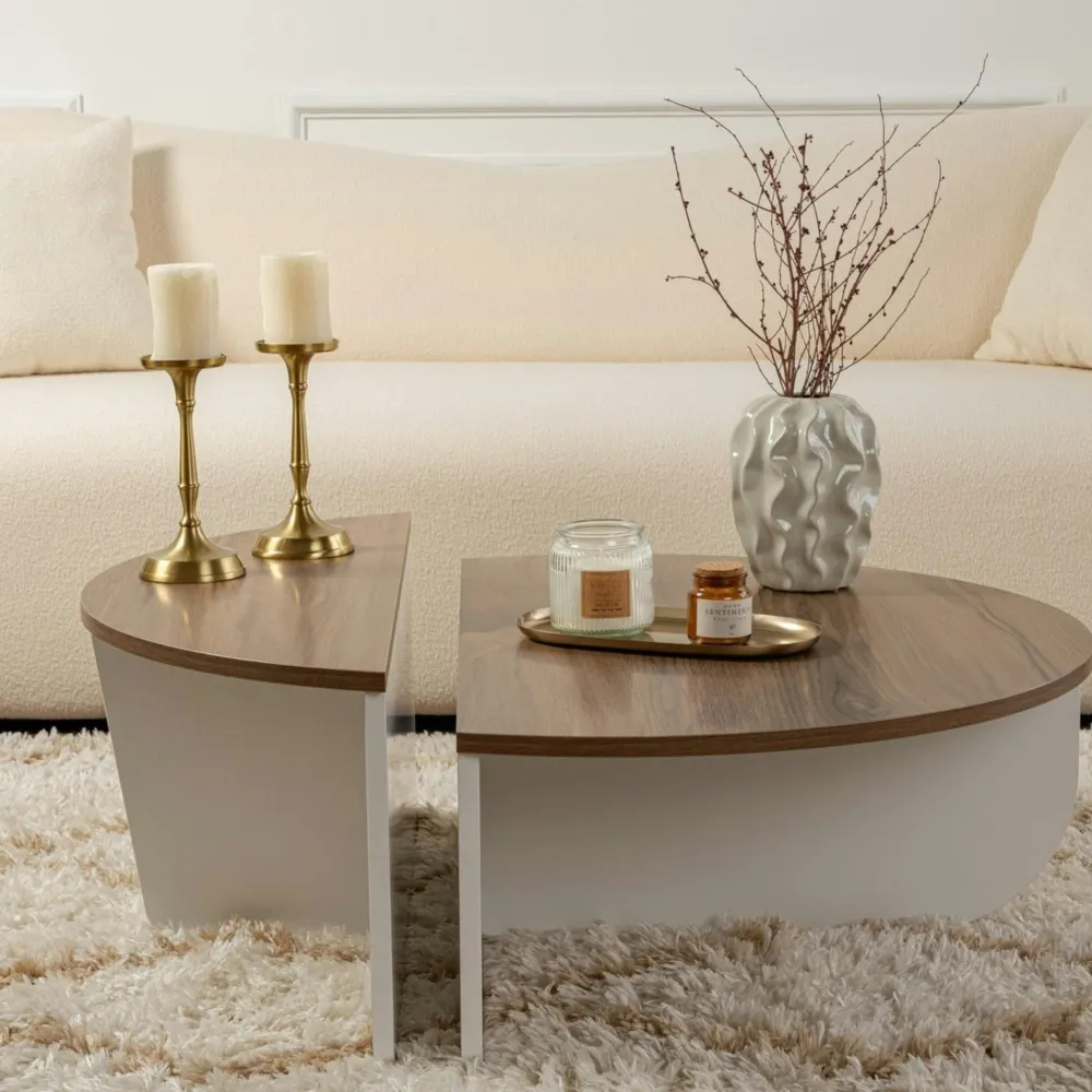 Tables Basses Rondes|Tables Basses Gigognes|MARFA Table basse moderne plateau effet noyer - 2 hauteurs