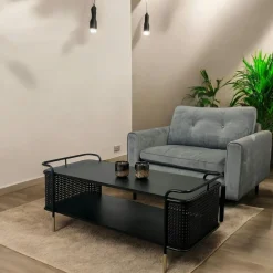 Tables Basses Vintage|Atelier Table basse noire pieds dorés double plateau