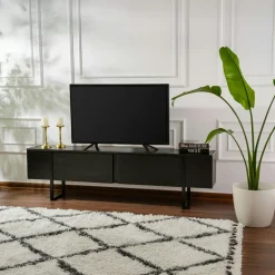 Tables Basses En Verre|Tables Basses Rondes|SALTA Table basse noire plateau verre – pied croix effet bois