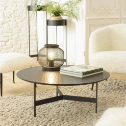 Tables Basses Rondes|Tables Basses Industrielles|CORUMBA Table basse noire ronde bois-métal