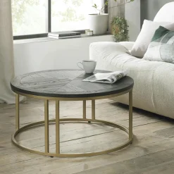 Tables Basses Rondes|VALLEY Table basse noire ronde en marqueterie de bois