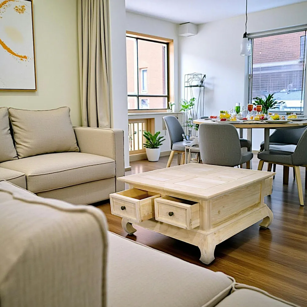 Univers Déco·Globe-Trotter|Tables Basses Carrées|Maori Table basse Opium Hévéa 4 tiroirs et pieds galbés 75x75x39,8cm