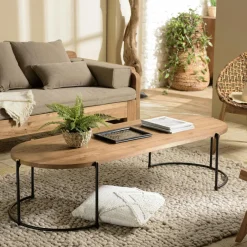 Tables Basses Industrielles|Swing Table basse ovale en teck recyclé et métal 164 cm