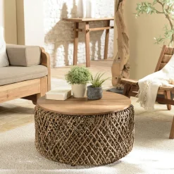 Tables Basses Rondes|Swing Table basse ronde 83 cm fibre tressée et bois