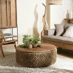 Tables Basses Rondes|Swing Table basse ronde 83 cm fibre tressée et bois