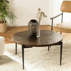 Tables Basses Rondes|KORKAI Table basse ronde bois recyclé motif éventail 80 cm