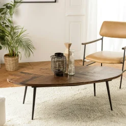 Tables Basses Rondes|KORKAI Table basse ronde bois recyclé motif éventail 80 cm