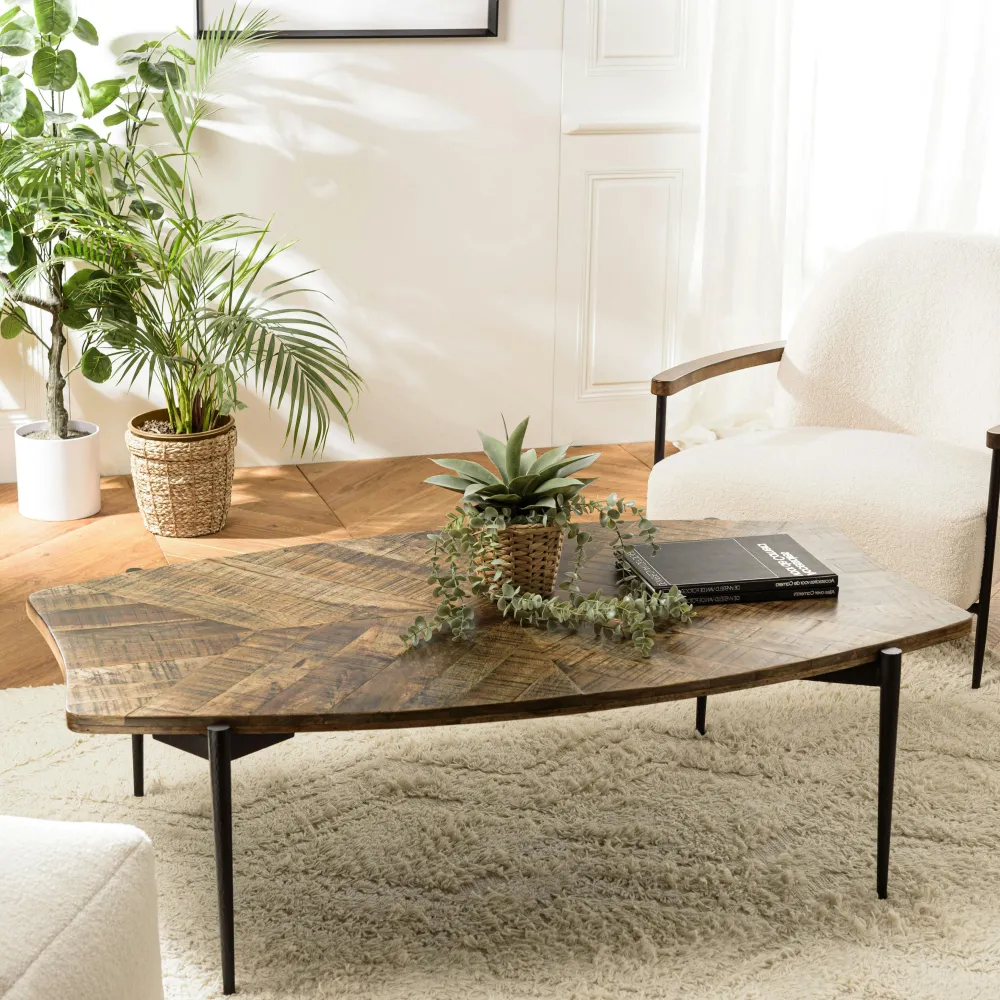 Tables Basses Rondes|KORKAI Table basse ronde bois recyclé motif éventail 80 cm