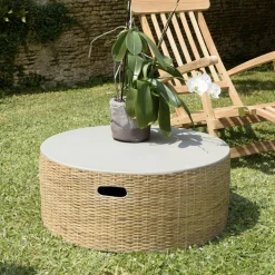 Tables Basses De Jardin|HERCULE Table basse ronde de jardin bambou et béton 80 cm