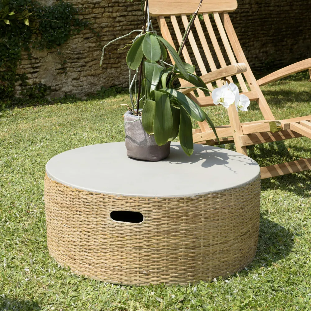 Tables Basses De Jardin|HERCULE Table basse ronde de jardin bambou et béton 80 cm