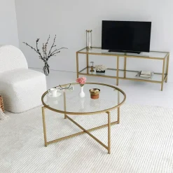 Tables Basses En Verre|Tables Basses Rondes|TULUM Table basse ronde design - verre & métal doré