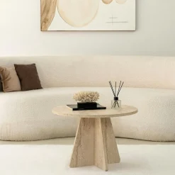 Tables Basses Rondes|MARFA Table basse ronde effet bois clair & pieds trapèze