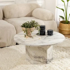 Tables Basses Rondes|MARFA Table basse ronde effet marbre – pied hexagonal