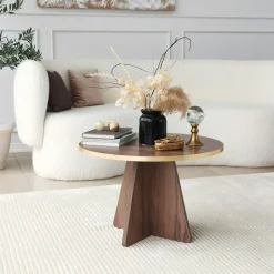 Tables Basses Rondes|MARFA Table basse ronde effet noyer & pieds trapèze