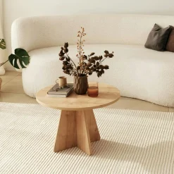 Tables Basses Rondes|MARFA Table basse ronde effet travertin & pieds trapèze