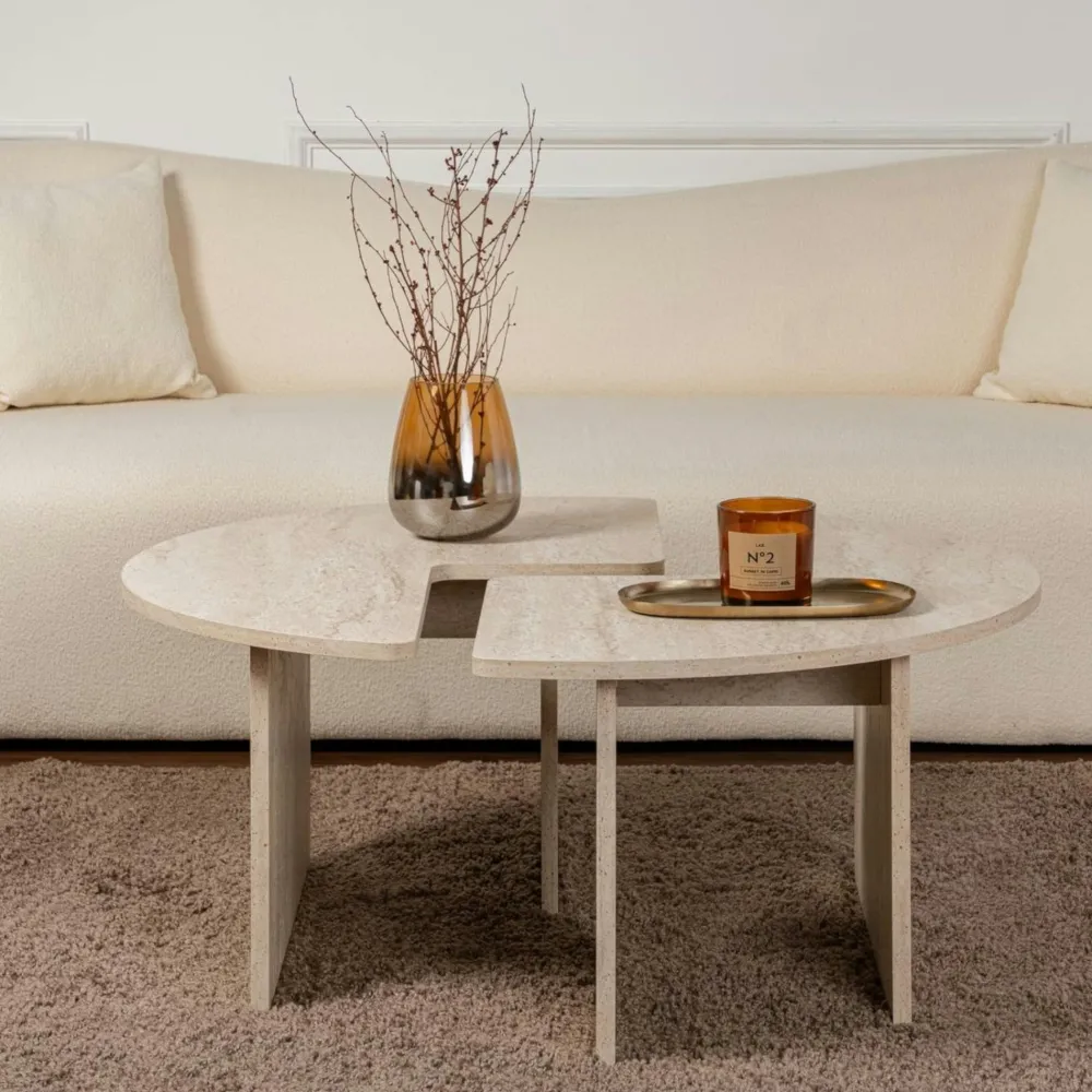 Tables Basses Rondes|Tables Basses Gigognes|MARFA Table basse ronde effet travertin - design puzzle