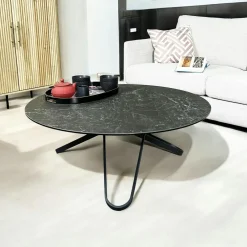 Tables Basses Rondes|LOMBARDIE Table basse ronde en céramique marbrée blanche