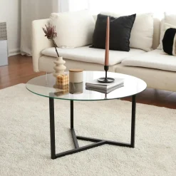 Tables Basses En Verre|Tables Basses Rondes|TULUM Table basse ronde en verre, pied noir 3 branches