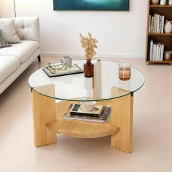 Tables Basses En Verre|Tables Basses Rondes|ANZIO Table basse ronde en verre et bois clair - 2 plateaux