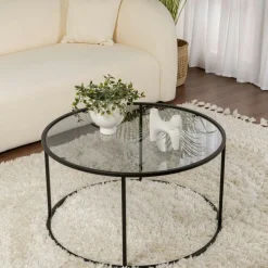 Tables Basses En Verre|Tables Basses Rondes|TULUM Table basse ronde en verre – cadre doré ⌀80 cm