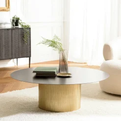 Tables Basses Rondes|ZALA Table basse ronde métal noir pied central doré