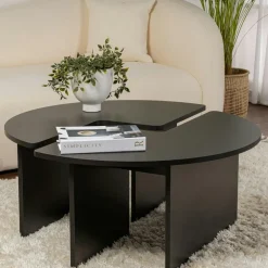 Tables Basses Rondes|Tables Basses Gigognes|MARFA Table basse ronde noire effet bois - design puzzle